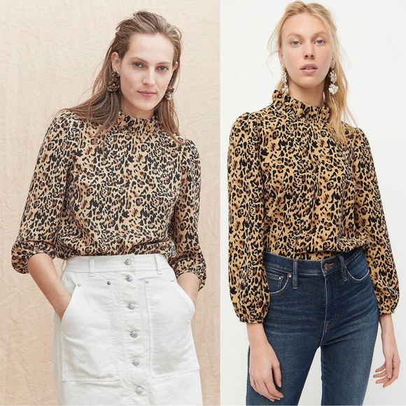 NEW J. Crew Leopard Ruffle Mock Neck Blouse Top Shirt Small - Picture 1 of 4